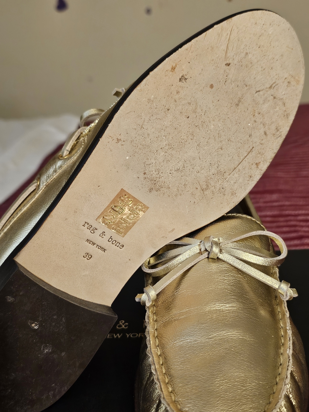 rag & bone Metallic Gold Leather Bow Loafers - Picture 2 of 4
